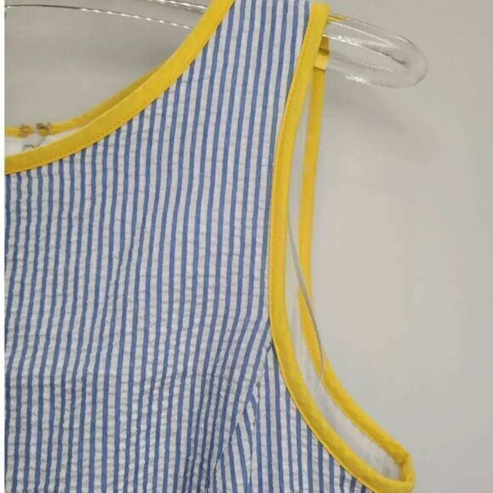 Elle Seersucker Striped Contrasting Trim Sleeveless‎ Midi Fit n Flare Dress